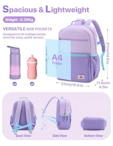 VASCHY Toddler Backpack, Girls School Bag Lightweight Plain Color-block Small Kids Bookbag for Preschool/Kindergarten/Daycare/Travel Lightweight Purple — view 3