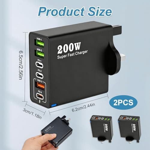 2PCS 200W USB C Charging Station with 6 Port Multi Fast Charger Plug UK — view 2
