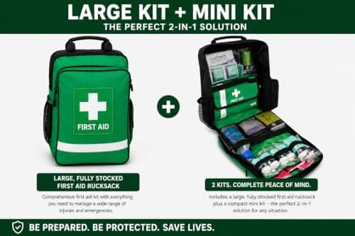 Large First Aid Kit Rucksack – Fully Stocked Workplace First Aid Kit with Mini First Aid Kit, 500ml Eyewash, Burn Dressing & Ice Pack – British Standard – UK Assembled — view 4