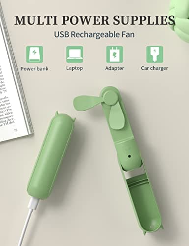 LETSCOL Portable Handheld Fan, Mini Pocket Hand Fan, Foldable Personal Desk Fan with Power Bank, USB Rechargeable Fan for Makeup Home Travel Outdoor (Green) — view 2