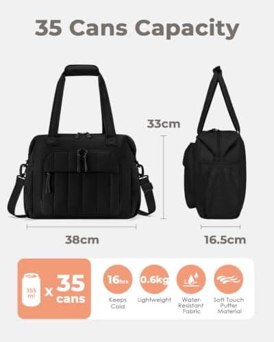 Puffer Cooler Bag 35 Cans Insulated Soft Cooler for Women Lightweight Ice Chest Leakproof & Portable Lunch Coolers for Picnic, Beach, Camping, Work, Travel, Trip (Black) — view 2