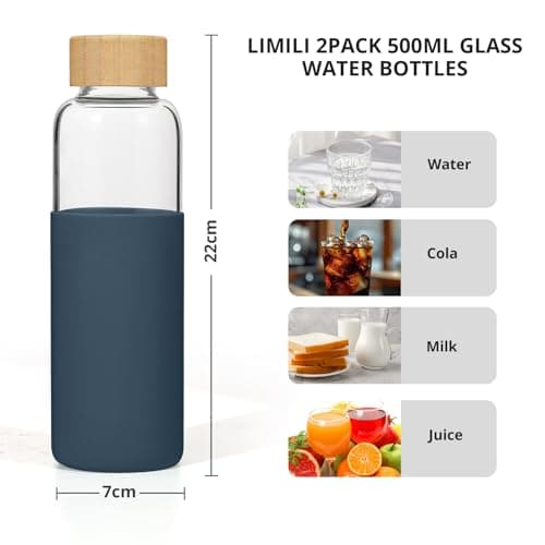 LIMILI 2 pack 500ML Glass Water Bottles With Bamboo Lids and Silicone Covers, Leak Proof Reusable Drinking Bottles for Hot Cold Drinks, Work, Gym, Home — view 3