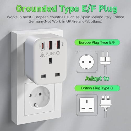 AUNNO UK to European Plug Adapter, PD 20W Fast Charging Grounded European Adapter with Shaver Plug, Adapter with 2 USB Ports and 1 USB-C Port for Germany France Spain Greece Poland etc (Type E/F) — view 3