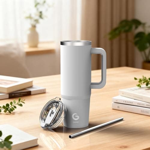 BIGRD 890ml Insulated Coffee Cup Travel Mug Double-Walled Stainless Steel Vacuum Leak-Proof Drinking Cup with Handle and Straw Thermal Tumbler,Grey — view 5