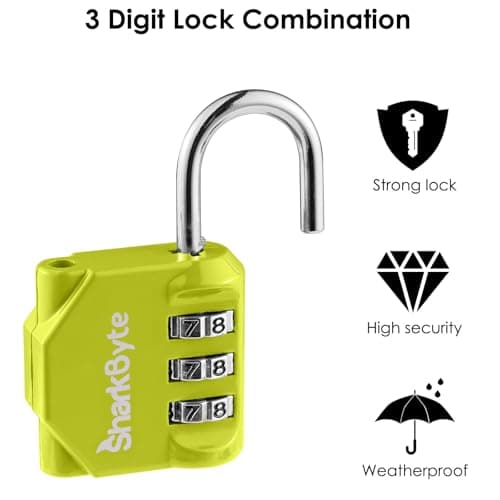 SharkByte Small Luggage Locks 3 Pack - 3 Digit Combination Padlocks, Weatherproof Outdoor Security Lock for Suitcases, Travel Bags, Gym Lockers, Bikes, & Storage Coded Lock — view 5