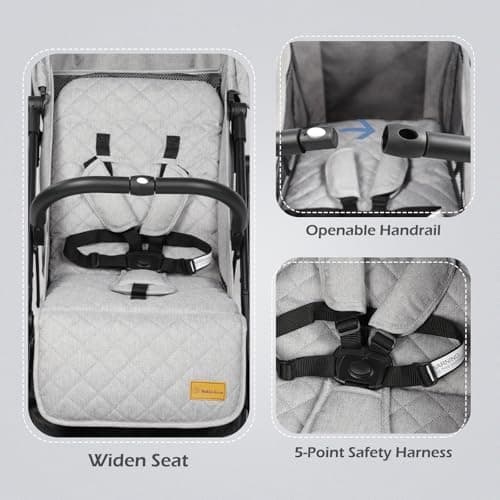 Hello-5ive Lightweight Travel Stroller Compact Baby Pushchair with Adjustable Seat, Mosquito Net, Rain Cover, One-Hand Folding Buggy with 5-Point Harness for Toddlers from Birth to 15kg (Light Grey) — view 3