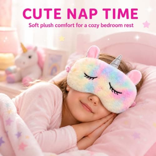 Blackout Sleep Masks, Cute Unicorn Plush Eye Mask for Women & Girls Kids, Soft Eye Mask for Sleeping with Adjustable Strap, Comfortable Sleep Mask for Travel, Nap, Night (Rainbow) — view 4