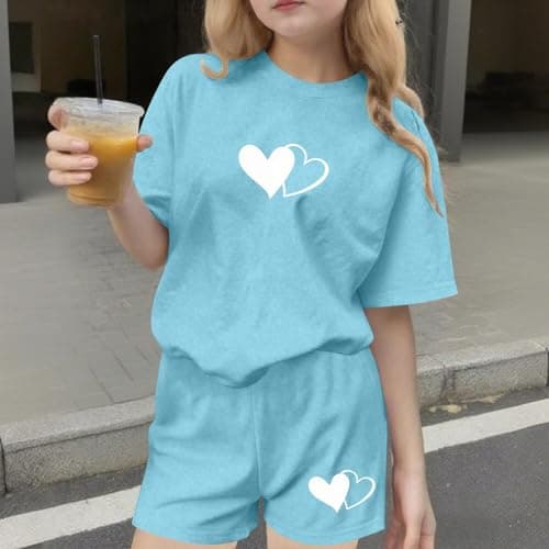 Girls 2 Piece Casual Shorts Set, Summer Short Sleeve Tshirt & Wide Leg Shorts Two Piece Outfits Loungewear Quick-Drying Outdoor Running Casual Wear Sky Blue 11 Years — view 2