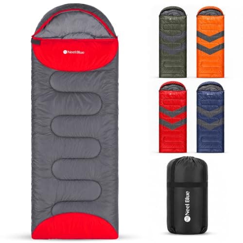 Trimming Shop, 4 Season Sleeping Bag for Adults, Warm Hooded, Grey & Red