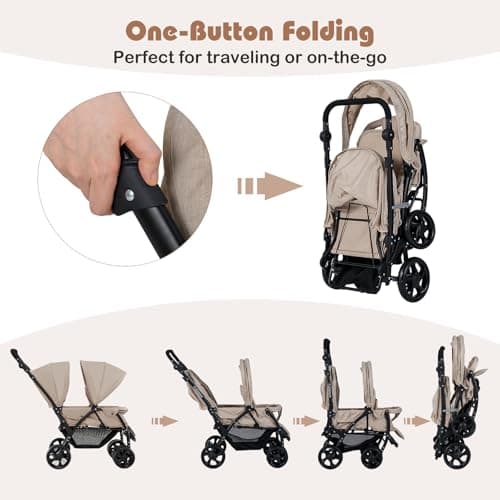 COSTWAY Double Pushchair, Foldable Twin Tandem Stroller with Adjustable Backrest, Push Handle & Footrest, 5 Points Safety Belts, Sunshade, Storage Basket, for from Birth to 15kg (Khaki) — view 4