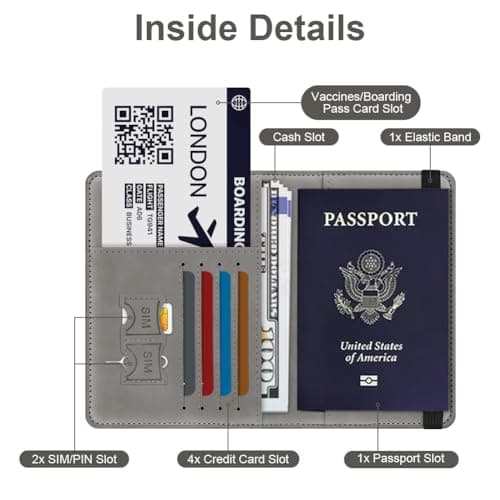 AOOSU Passport Holder Cover, PU Leather Passport Cover with RFID Blocking Travel Wallet, Portable Universal Travel Wallet Case Organiser for Money, Boarding Passes, Credit Cards Gray — view 3