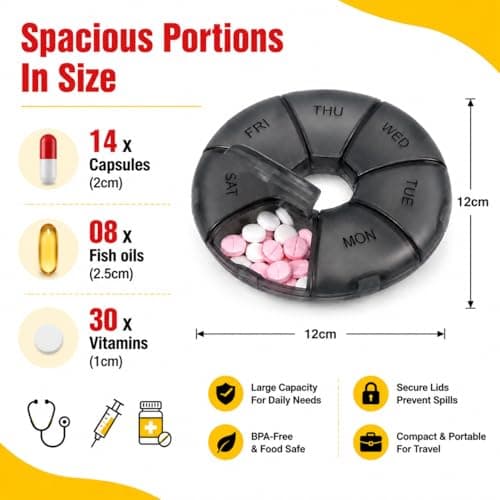 Weekly Pill Box Organiser, 7 Day Round Tablet Organiser, Easy Open Snap Shut Lids Portable Travel Pill Case, Black Medicine Organiser Tablet Box for Vitamins Supplements Medication — view 2