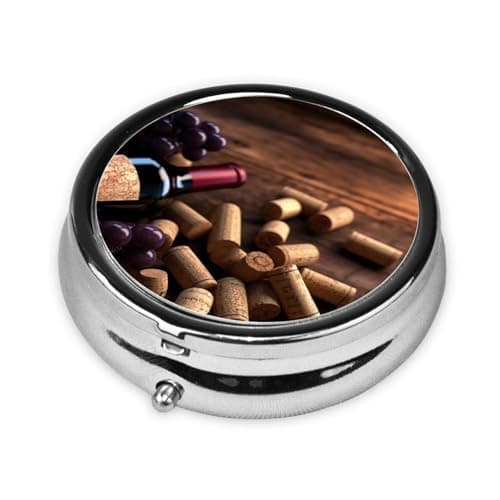Wine Bottle Corks Grapes Print Pill Box for Pocket Round Pill Box 3 Compartment Decorative Portable Travel Pill Holder Tablet Vitamin Organizer Mini Pill Case(2pcs) — view 2