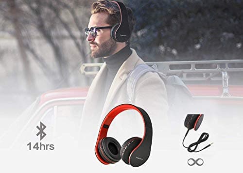 PowerLocus Wireless Bluetooth Over-Ear Stereo Foldable Headphones, Wired Headsets Noise Cancelling with Built-in Microphone for iPhone, Samsung, LG, iPad (Black/Red) — view 3