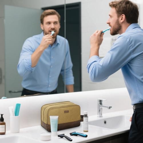 WANDF Toiletry Bag for Men, Travel Wash Bag with Handle, Water-Resistant Canvas Shaving Organiser, SBS Metal Zipper Dopp Kit for Makeup Bathroom Gym (Khaki) — view 5