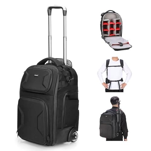 Neewer 2 in 1 Camera Roller Bag with Detachable Shockproof Dividers Retractable Handle Waistband Rain Cover Water Resistant Robust Carry On Backpack for Camera Tripod Flash Lens Laptop, Black, PB027
