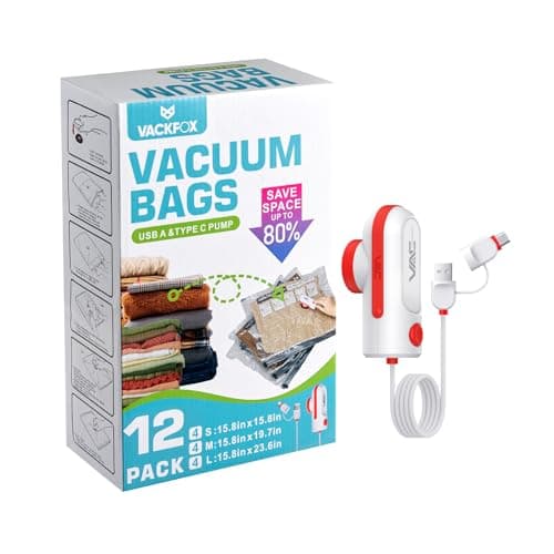 VACKFOX 12 Pack Vacuum Bags for Travel with USB & TYPE C Pump,Compression Packing Cubes for Luggage,Carry-on Space Saver Vacuum Seal Bags&Vacuum Storage Bags for Vacation(Red)