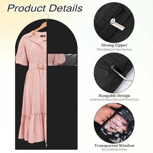 2 Packs Long Garment Bag, Garment Bag for Suit Dress, Garment Bags for Hanging Clothes, Dust-Proof Garment Bags with Clear Pockets, Breathable Dress Bags for Suits Coats(Black 120x60cm) — view 3