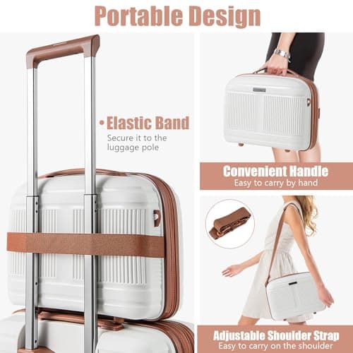 COSTWAY 2-Piece Cabin Luggage Set, Lightweight 20 Inch Carry-on Suitcase with 14” Cosmetic Case, TSA Lock, USB Port & Spinner Wheels, Airline Approved Expandable Trolley Luggage Travel Case (White) — view 4
