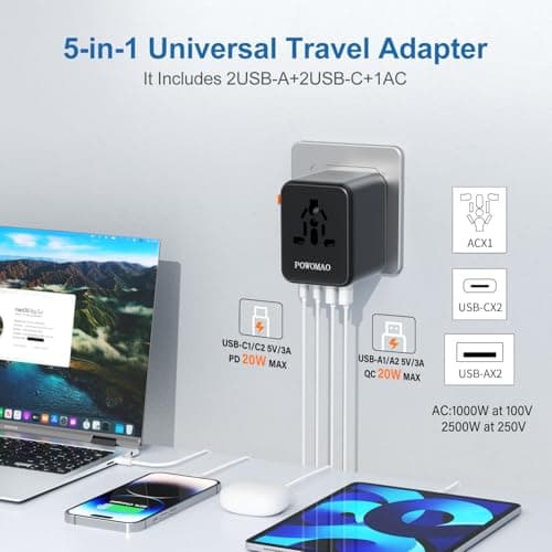 POWOMAO Universal Travel Adapter Worldwide with 2 USB C and 2 USB A Ports — view 3