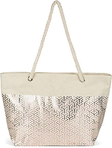 styleBREAKER Womens Beach Bag with Metallic Cube Print,Beige- Rose Gold