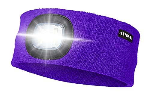 ATNKE LED Lighted Headband, USB Rechargeable Running Hat Ultra Bright 4 LED Waterproof Light Lamp Headlamp High Stretch Moisture Wicking Multi-Color/Purple