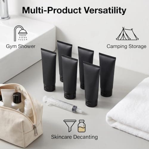 Upstore 6Pcs 100ml 3.3oz Black Plastic Travel Bottles Refillable Squeeze Soft Tubes with Flip Top Cap for Shampoo Lotion Toiletries Makeup Cosmetic Storage — view 5