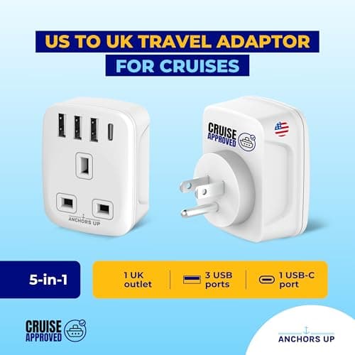 Cruise Approved 5-in-1 Travel Adapter – Non Surge for Cruise Ships – 3 USB + 1 USB-C – Works on Marella, MSC, Royal, Celebrity, Carnival, Princess, NCL, Disney, Fred Olsen – (US) — view 2