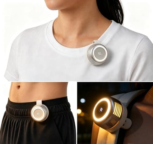 Portable Clip-On Fan with LED Light,Ultralight Mini Fan,5 Speeds Silent Bladeless Neck Fan,360° Rotatable Collar Waist Fans,USB Rechargeable,Hands Free,Power Display,for Outdoor,Travel,Summer,White — view 5