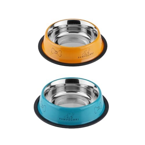 Stainless Steel Dog Bowl Pack of 2, Food & Water Bowl for Dogs, Durable Dog Feeding Bowl, Bowls for Medium Dogs, Easy to Clean, Anti-Skid Pet Bowl 24 oz (Orange & Blue)