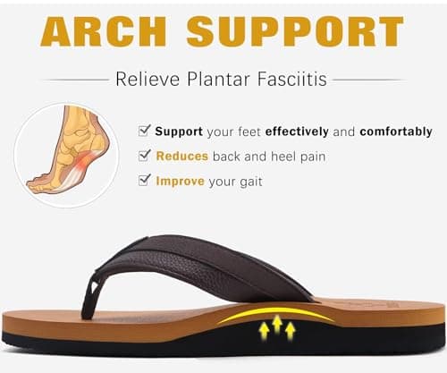 KuaiLu Men's Leather Flip Flops Arch Support Summer Beach Pool Water Thong Sandals Waterproof Rubber Walking Shoes Slip on Orthotic Casual Sport Cushioned Wide Slides Shower Slippers Khaki Brown 10 — view 5