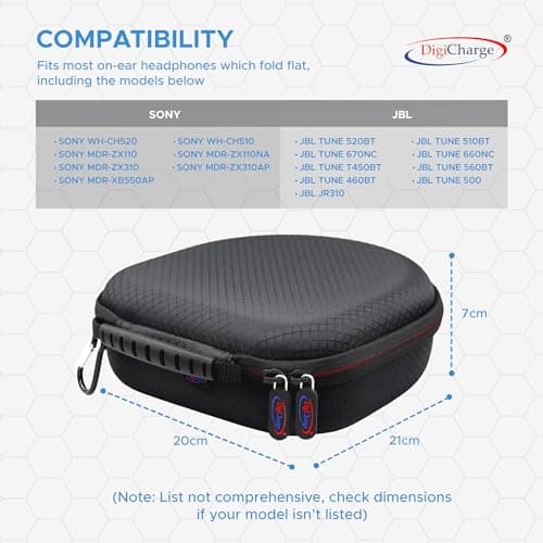 Digicharge Carry Case for Sony WH-CH520 / WH-CH510 / MDR-ZX110, JBL LIVE 680NC / Tune 520BT / 510BT Headphones Wireless Bluetooth Flat Folding On-Ear, Protective Cover Travel Storage Bag — view 2