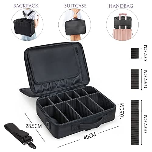 Makeup Organiser Box Vanity Cases: Extra Large Makeup Case Cosmetic Storage Box Professional Travel Makeup Artist Bag with Compartments Women Vanity Beauty Kit Organizer for Makeup Cosmetics Black — view 6