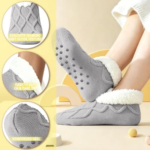 RJVZVEJH Fluffy Slipper Socks Women, Knitted Thick Cosy Non Slip Gripper Socks with Soft Warm Lined for Winter Home Floor Bed — view 4
