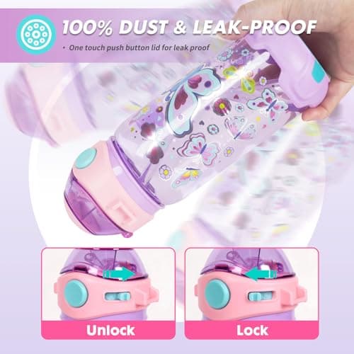PinkSheep Kids Water Bottle with Straw/Lanyard, 650ml Child Drinking Water Bottle, BPA Free Leak-Proof Locking Flip Lid for Kids Girls Boys School Sport Travel (Butterfly) — view 4