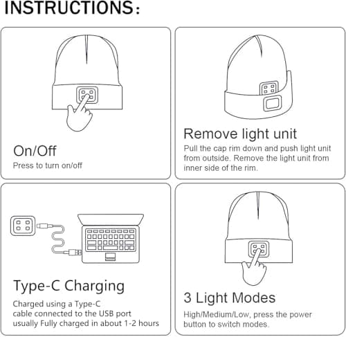 ATNKE LED Lighted Beanie Hat, USB Type C Rechargeable 4 LED Running Headlamp Ultra Bright Cap with Light Hands Free Head Torch Winter Warm Knit Beany Gifts for Men and Women/Camouflage Green — view 5