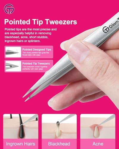 Expert Slant and Point Tip Tweezer Set with Exclusive Travel Case, GlamTweeler Sharp & Precision Tweezer Set for Eyebrows, Facial Hairs & Fine Hairs Removal (Sparkle Purple & Turquoise + Silver) — view 4