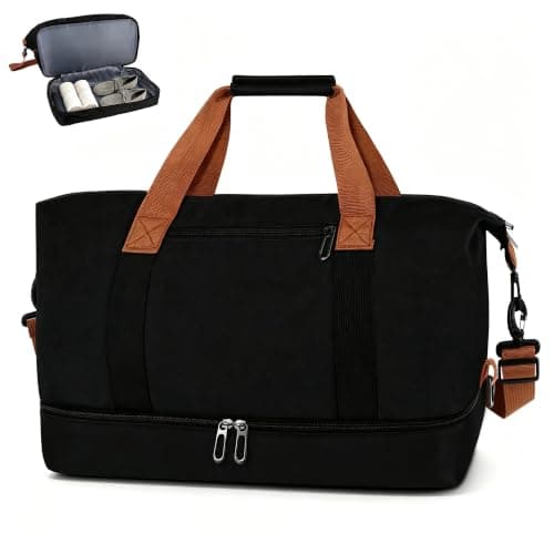 Travel Duffel Bag, Foldable Waterproof Overnight Holdall Bag, Carry On Luggage Weekend Bag with Wet and Dry Separation, Hospital Sports Gym Tote for Women and Men (Black)