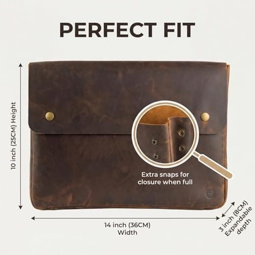 Brown Moonster Full Grain Leather Folder File Organizer Document Holder Portfolio for Men Spacious Folio Laptop Sleeve Case 13" 14" 15” MacBook Tablets — view 2