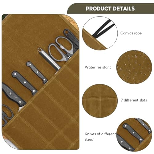 Megcdtr Knife Roll Bag, Knife Roll for Chefs, 7 Slots Waxed Canvas Knife Bags, Portable Tool Storage Bag with Drawstring, Suitable for Home Kitchens Camping Hiking and As a Gift for Chefs (Khaki) — view 3