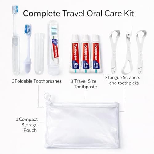 Travel Size Oral Kit - Includes Travel Kit Toothpaste and Toothbrush Small, Disposable Tounge Scrapers with Toothpicks and Pouch - Set of 3 - Portable Dental Hygiene Set for Flights, Camping, Gym — view 3