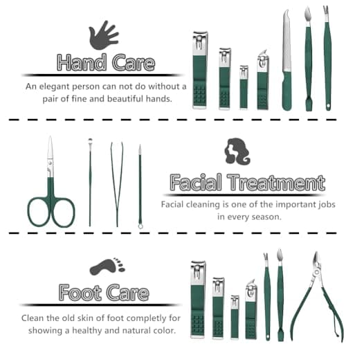 AYBUY Manicure Set, 12pcs Nail Clippers Pedicure Kit, Portable Nail Trimming set,Stainless Steel Grooming Tools with Fine Leather Case for Men Women Friends and Parents(Dark Green) — view 6