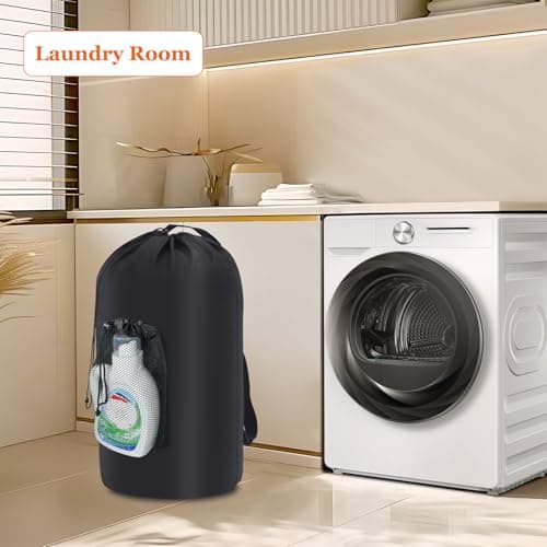 IHOMAGIC Travel Laundry Bag with Pocket, 95L Foldable Laundry Basket, Hanging Laundry Hamper with Shoulder Straps, Sturdy Travel Backpack, Large Storage Bag for Camping, Dorm, Apartment, Black — view 4