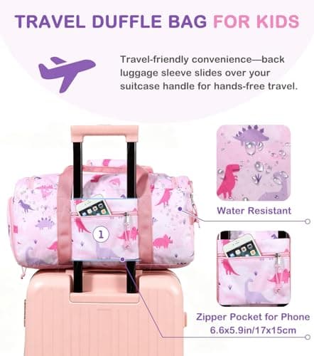 Overnight Bag for Kids, VASCHY Large Capacity Travel Duffle Bag for Girls Lightweight Holdall Bag Weekender Bag with Shoes and Seperated Dry Wet Compartment for School, Dance, Sport(Pink Dinosaur) — view 5