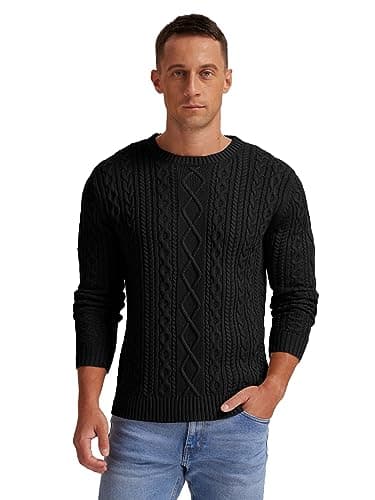 Hisir Men's Cable Knit Jumper, Thick Warm Crew Neck Winter, Black, M — view 2
