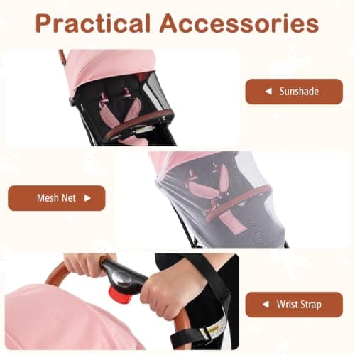Foldable Baby Stroller, Lightweight Toddler Travel Pushchair for Airplane, Compact Infant Buggy with 5-Point Harness, Adjustable Backrest Footrest Canopy, Storage Basket (Coral Pink) — view 4
