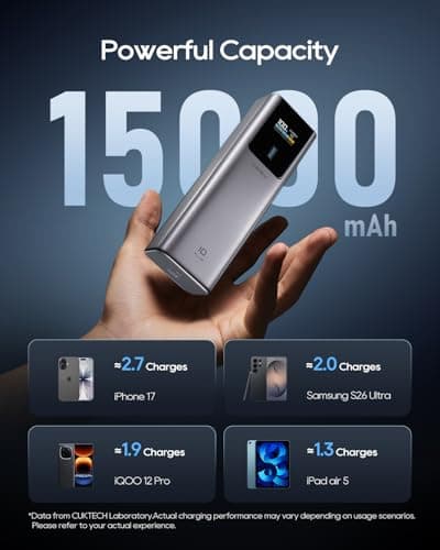 CUKTECH Power Bank 15000mAh 100W, External Battery Fast Charging, Portable Charger with Display, Compatible with iPad, iPhone 16/15 Plus Pro MAX, Galaxy S24 S23 Ultra — view 2