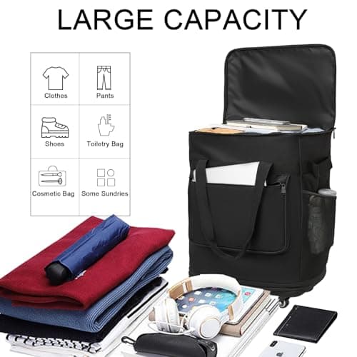 Foldable Duffel Bag, Large Rolling Travel Duffle Bag with Wheels Waterproof Collapsible Expandable Carry on Luggage for Women Men Duffel Bag with Wheels and Handle-Black — view 2