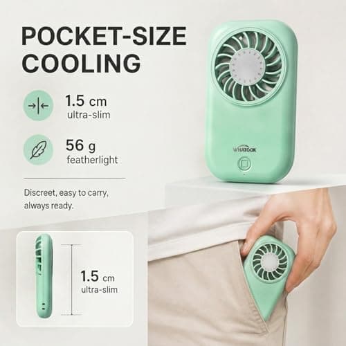 WHATOOK Mini Handheld Turbo Fan: 0.59in Ultra-Slim & 0.12lbs Light Pocket Fan, 11000 RPM Power, USB-C Rechargeable Portable Small Personal Hand Fan for Travel Essentials, Outdoor, Gift, Green — view 2