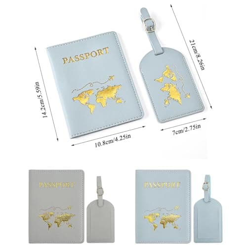 ZDNT 4 Pcs Passport Cover and Luggage Tag,Passport Holder,Passport Cover Luggage Tag Set,PU Leather Passport Holder Travel Wallet Case Organiser for Passport Credit Card Business ((Blue, Grey)) — view 2